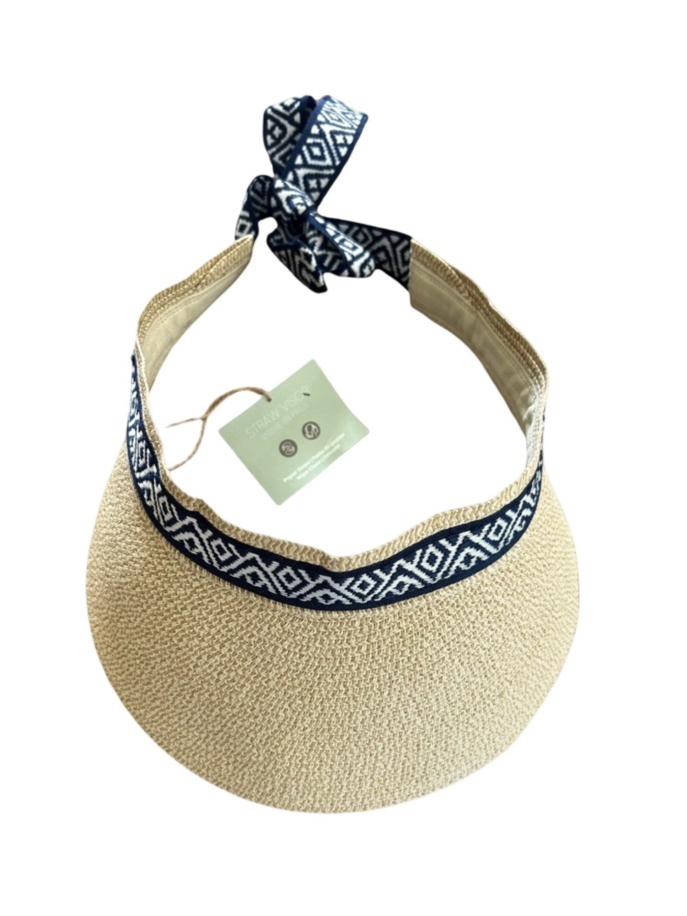 NWT Sea & Grass Bandana Style Straw Visor with Blue/White Ribbon Detail OS